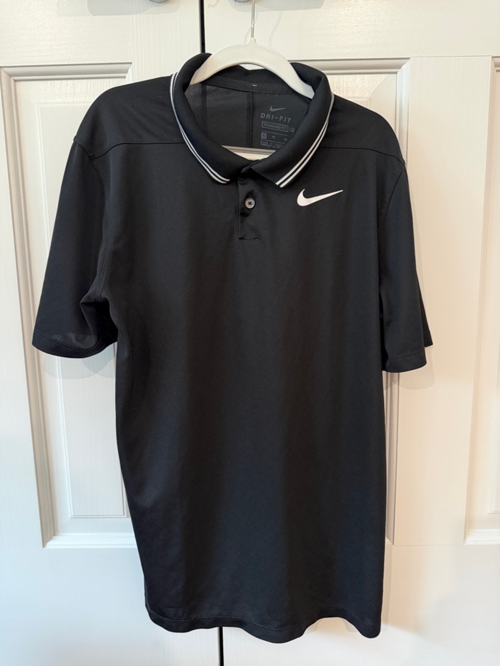 Nike Black Polo with White Swoosh and Collar Stripes